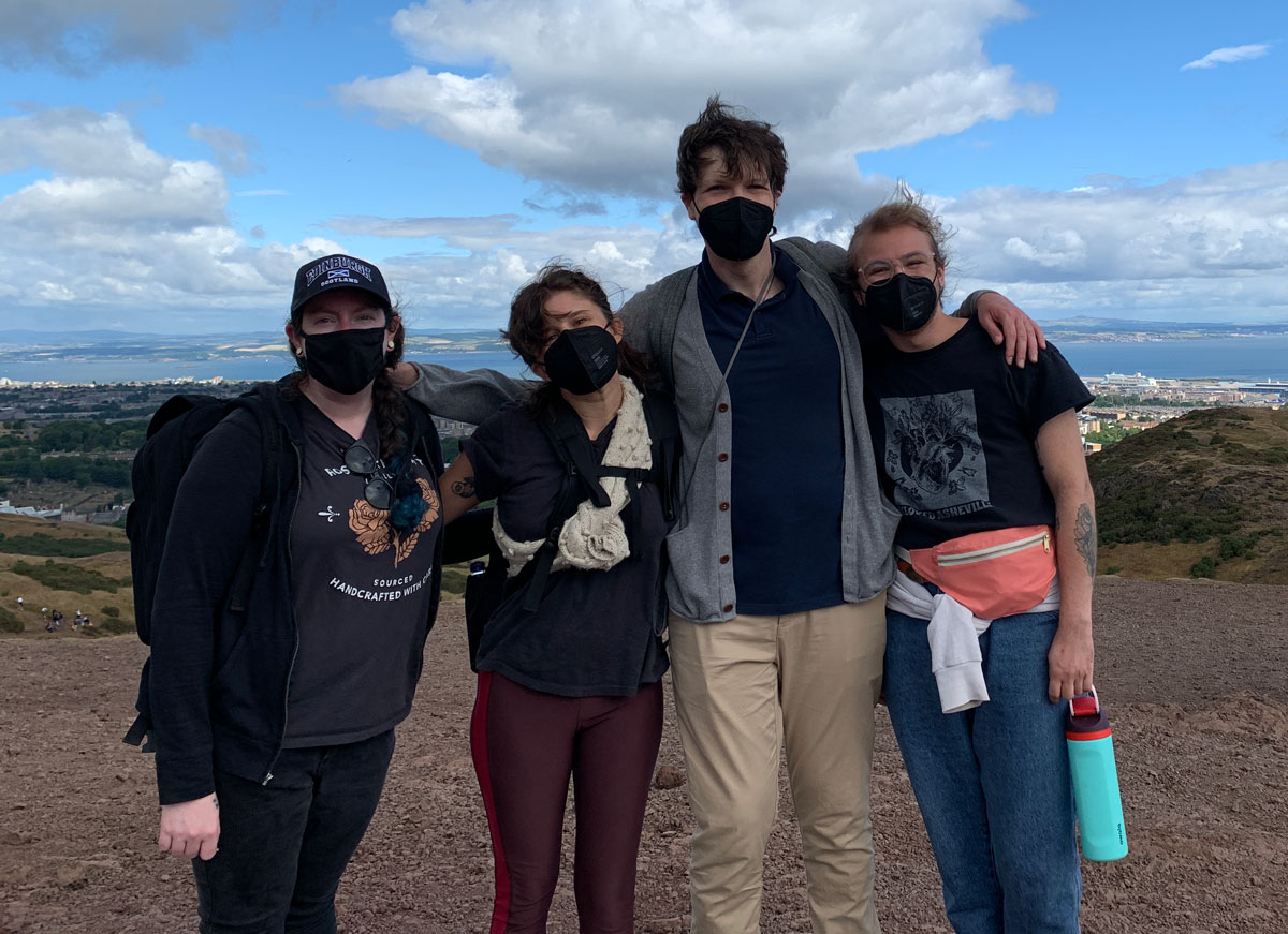 Four Creative Writing students near the top of Arthur's Seat in Edinburgh