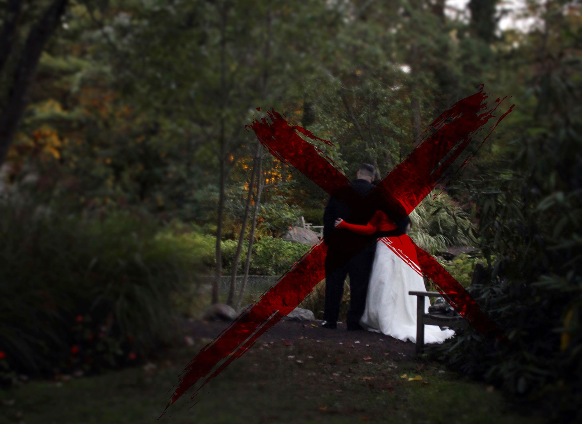 bride and groom with red x over them